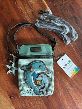 NWT Chala Crossbody Cell Phone Purse in teal stripe playful dolphin